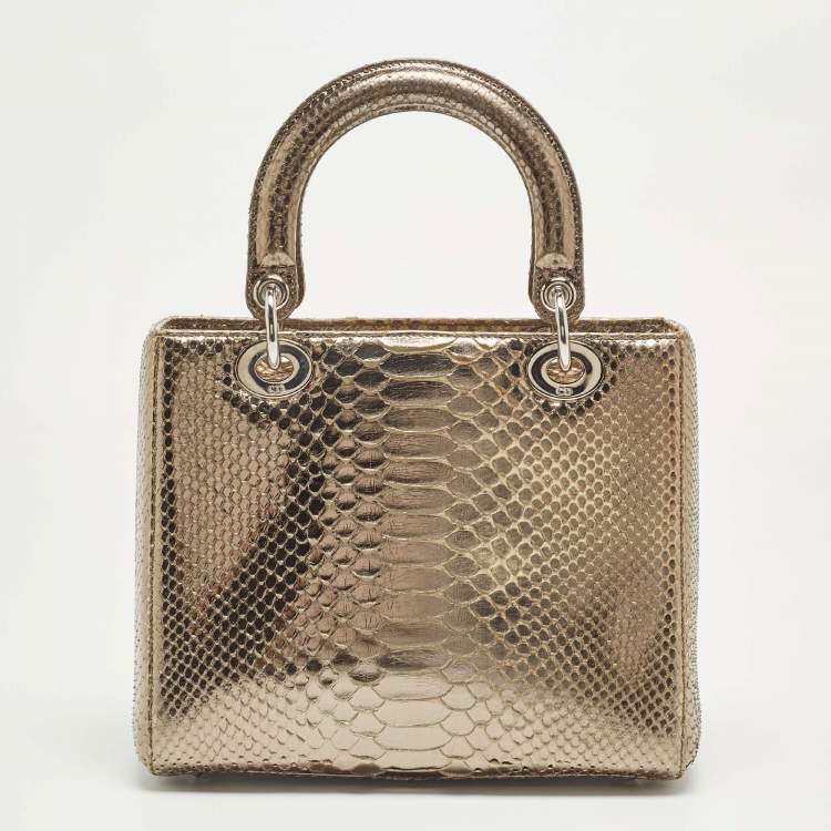 Pre Owned Dior Pale Gold Python Medium Lady Dior Tote