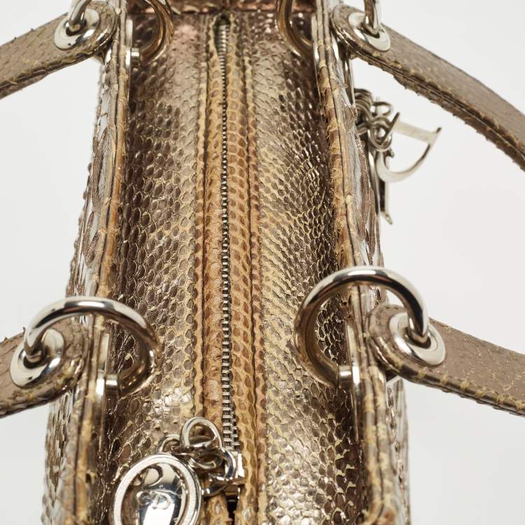 Pre Owned Dior Pale Gold Python Medium Lady Dior Tote