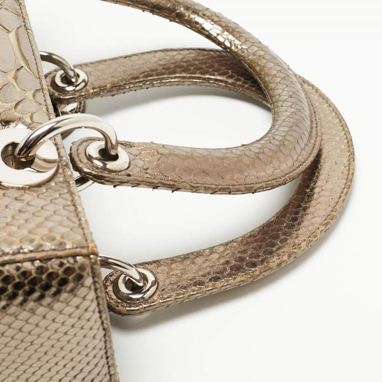 Pre Owned Dior Pale Gold Python Medium Lady Dior Tote