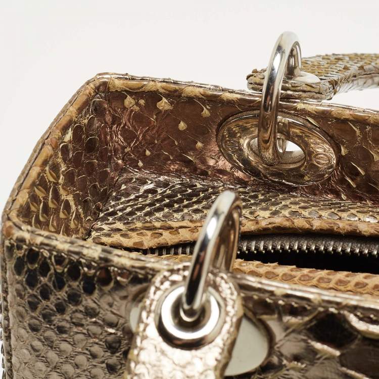 Pre Owned Dior Pale Gold Python Medium Lady Dior Tote