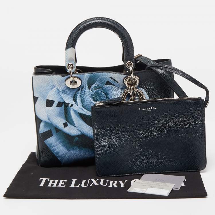 Pre Owned Dior Navy Blue Floral Print Leather Medium Diorissimo Shopper Tote