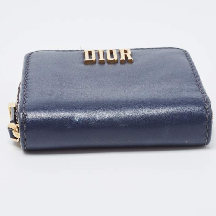 Pre Owned Dior Navy Blue Leather Dior D Fence Zip Wallet