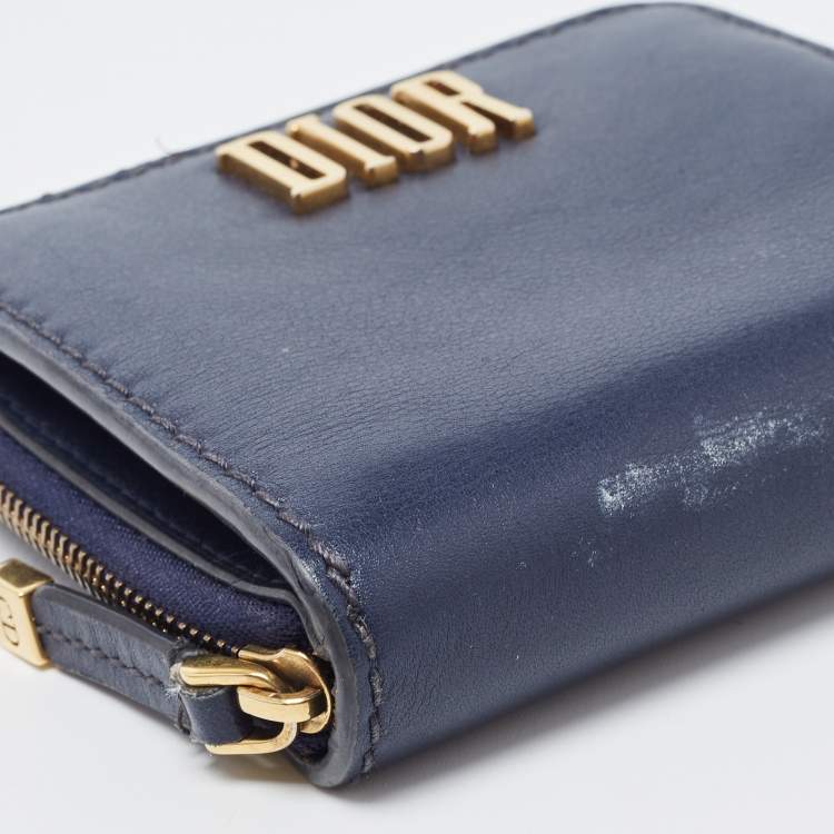 Pre Owned Dior Navy Blue Leather Dior D Fence Zip Wallet