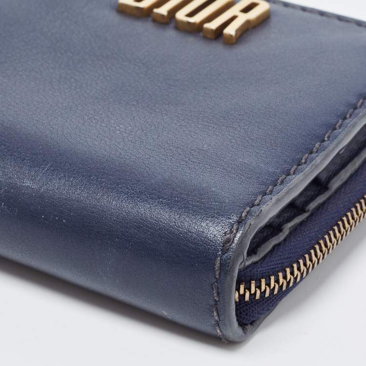 Pre Owned Dior Navy Blue Leather Dior D Fence Zip Wallet