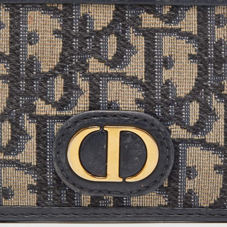 Pre Owned Dior Navy Blue Oblique Canvas and Leather Card Holder