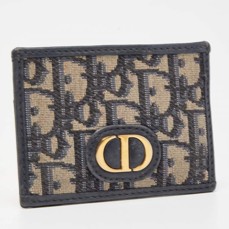 Pre Owned Dior Navy Blue Oblique Canvas and Leather Card Holder