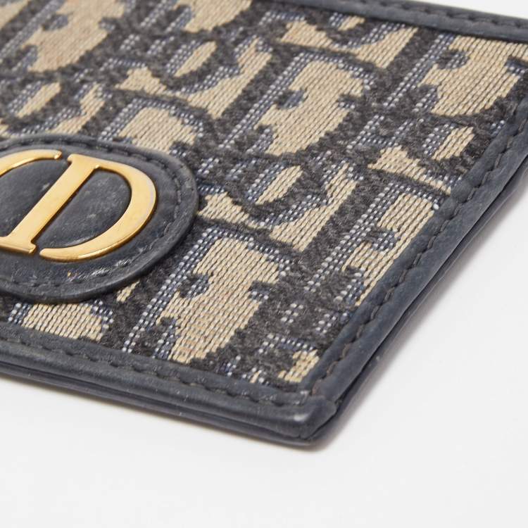 Pre Owned Dior Navy Blue Oblique Canvas and Leather Card Holder