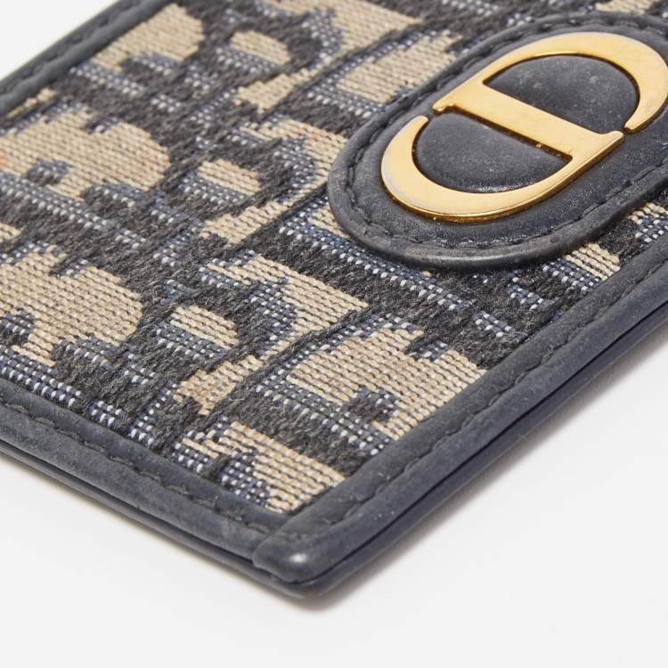 Pre Owned Dior Navy Blue Oblique Canvas and Leather Card Holder
