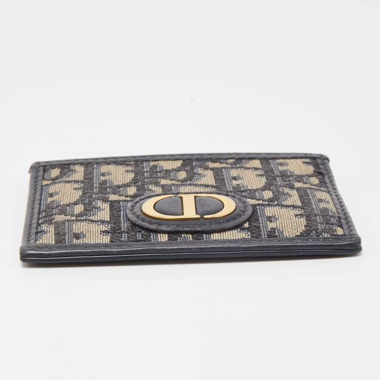 Pre Owned Dior Navy Blue Oblique Canvas and Leather Card Holder