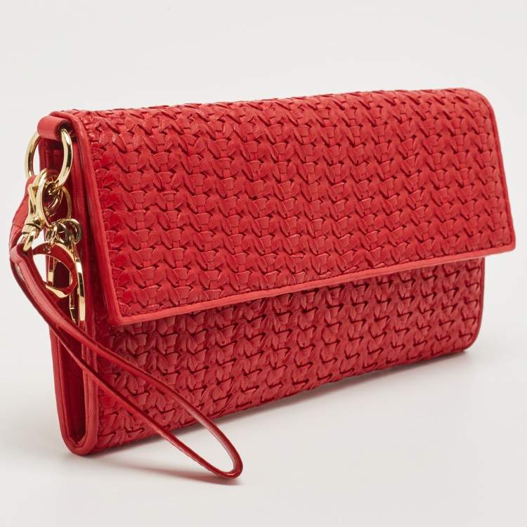 Pre Owned Dior Red Woven Leather Wristlet Clutch