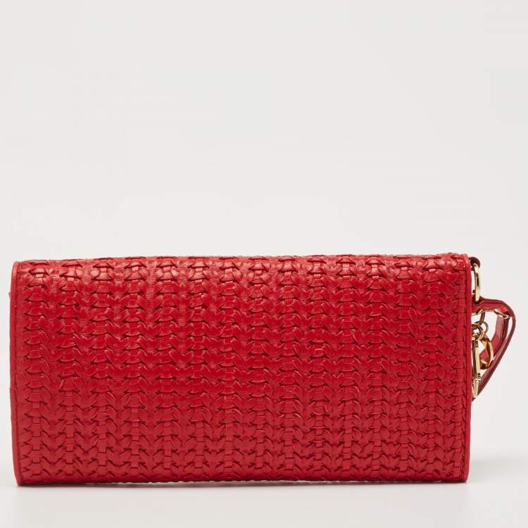 Pre Owned Dior Red Woven Leather Wristlet Clutch