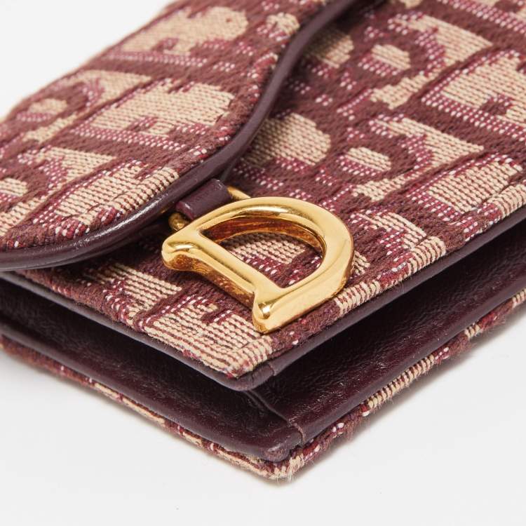 Pre Owned Dior Burgundy Oblique Canvas and Leather Saddle Card Holder