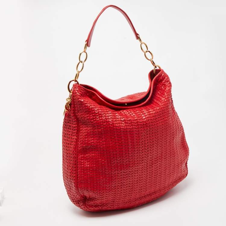 Pre Owned Dior Red Woven Leather Lady Dior Hobo