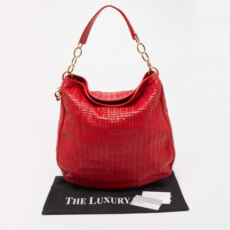 Pre Owned Dior Red Woven Leather Lady Dior Hobo