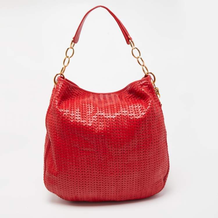 Pre Owned Dior Red Woven Leather Lady Dior Hobo