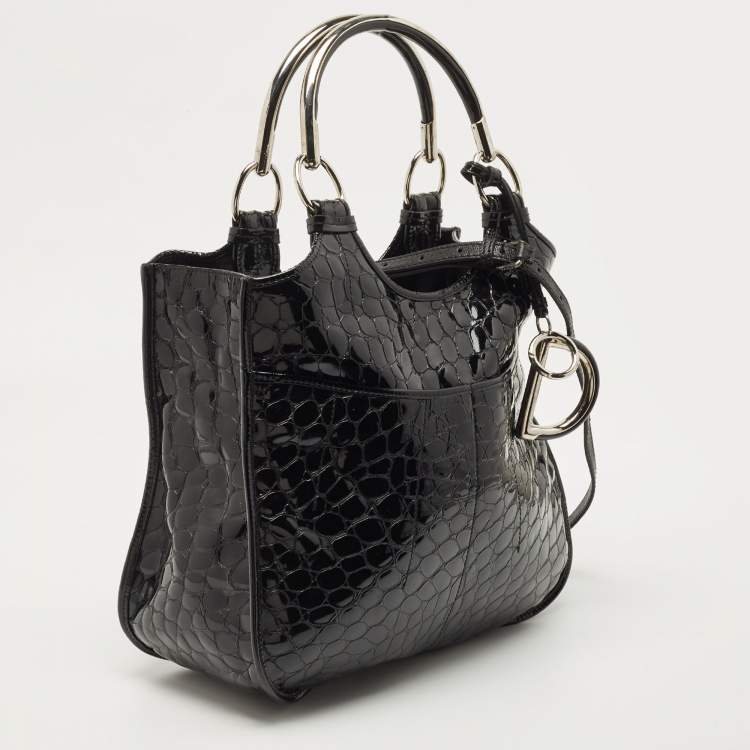 Pre Owned Dior Black Croc Embossed Patent Leather 61 Hobo
