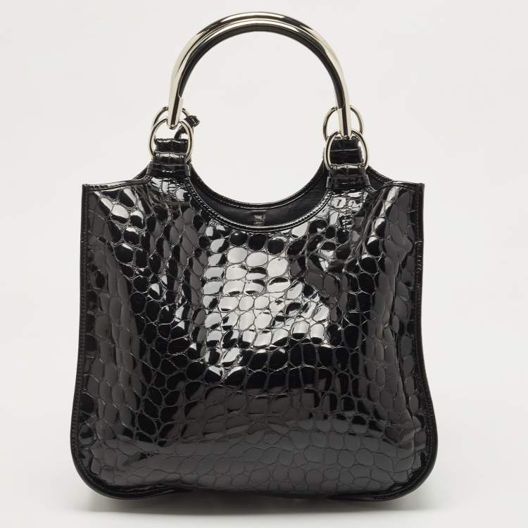 Pre Owned Dior Black Croc Embossed Patent Leather 61 Hobo