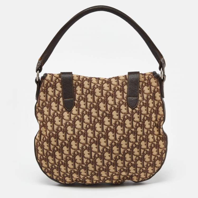 Pre Owned Dior Brown Oblique Canvas and Leather CD Logo Flap Hobo