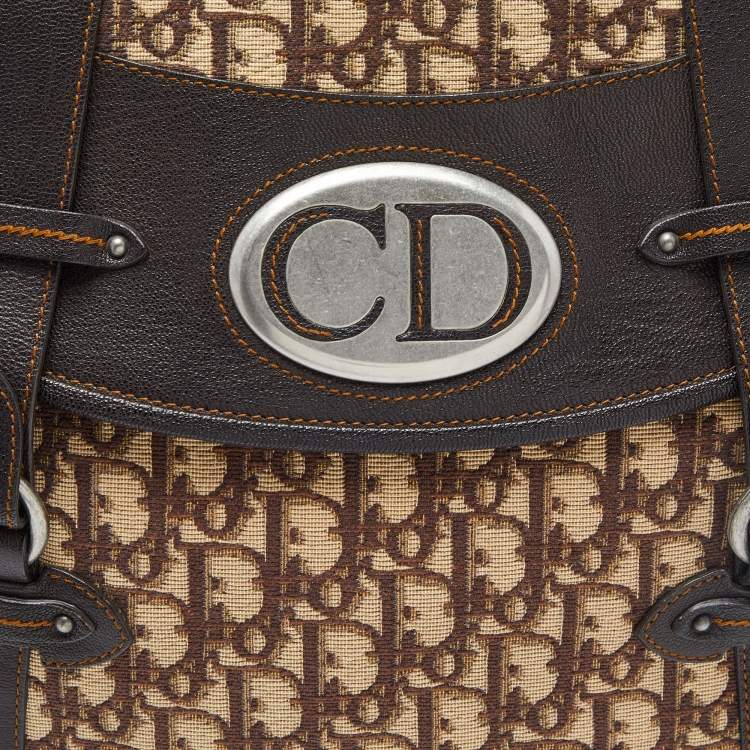 Pre Owned Dior Brown Oblique Canvas and Leather CD Logo Flap Hobo