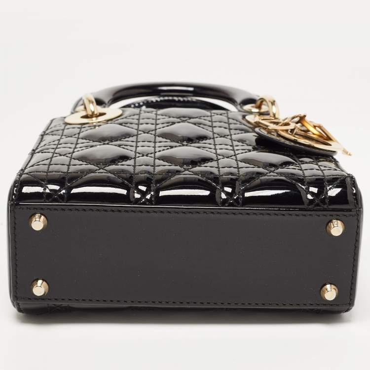 Pre Owned Dior Black Cannage Patent Leather Mini Lady Dior Tote