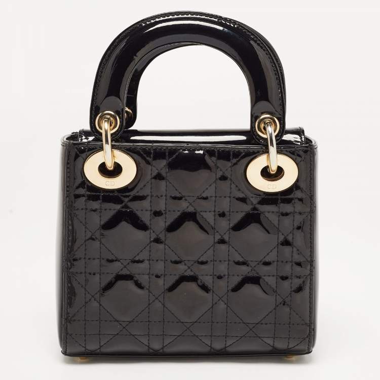 Pre Owned Dior Black Cannage Patent Leather Mini Lady Dior Tote