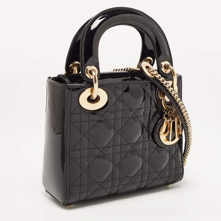 Pre Owned Dior Black Cannage Patent Leather Mini Lady Dior Tote