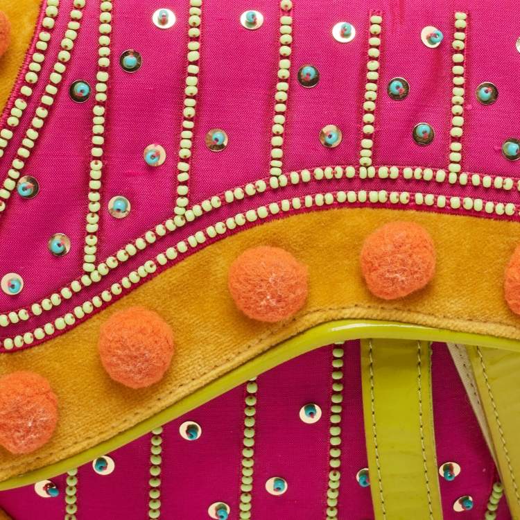 Pre Owned Dior Multicolor Velvet and Patent Leather Limited Edition 0096 Pom Pom Embellished Saddle Bag