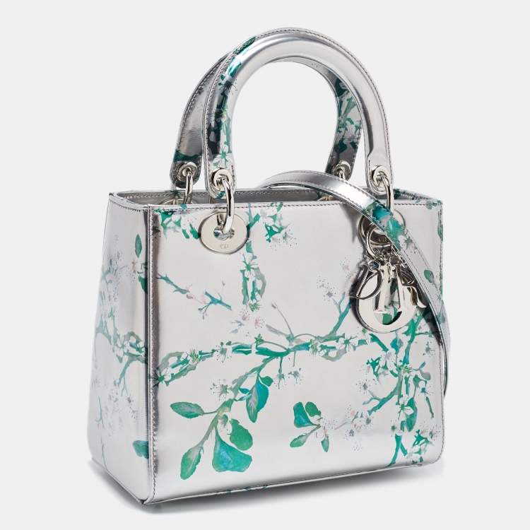 Pre Owned Dior Metallic Silver/Green Printed Leather Medium Lady Dior Tote
