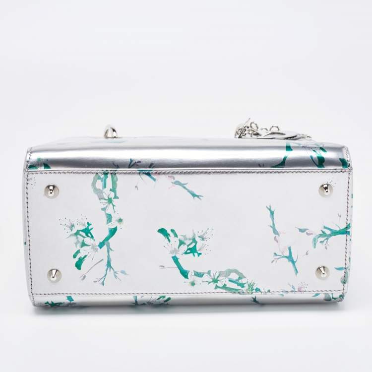 Pre Owned Dior Metallic Silver/Green Printed Leather Medium Lady Dior Tote