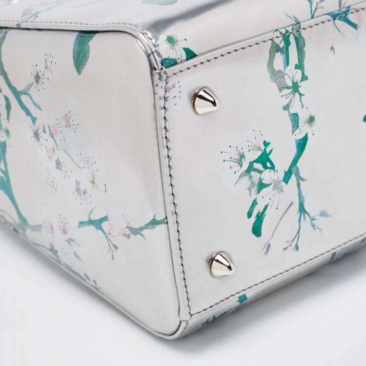 Pre Owned Dior Metallic Silver/Green Printed Leather Medium Lady Dior Tote
