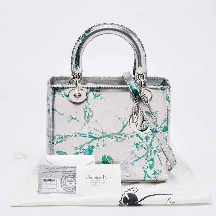 Pre Owned Dior Metallic Silver/Green Printed Leather Medium Lady Dior Tote