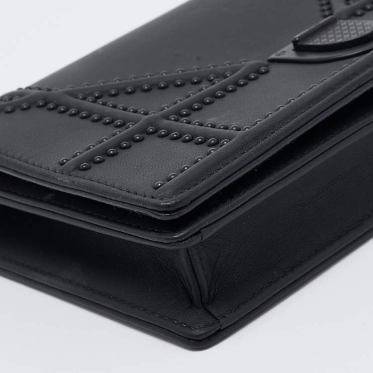 Pre Owned Dior Matte Black Leather Studded Diorama Wallet on Chain
