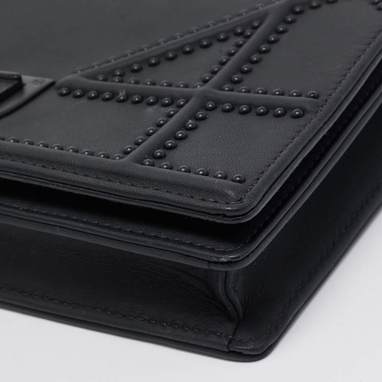 Pre Owned Dior Matte Black Leather Studded Diorama Wallet on Chain
