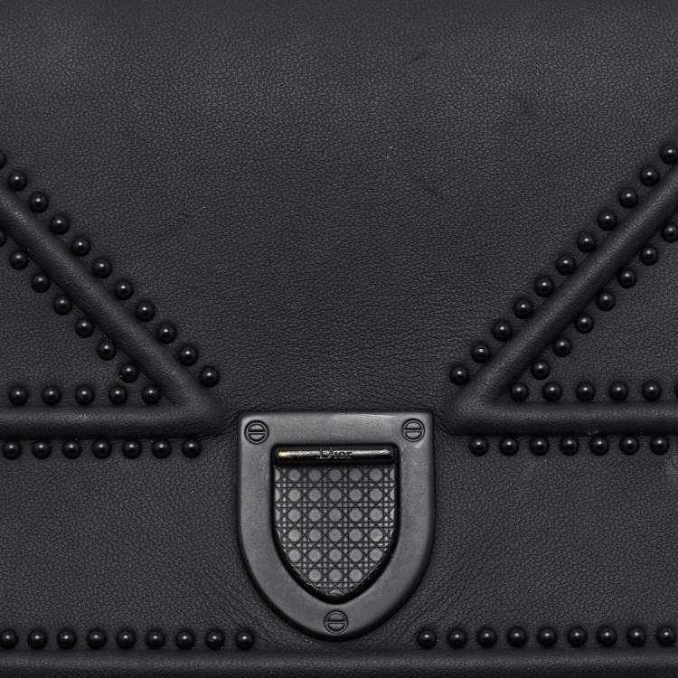 Pre Owned Dior Matte Black Leather Studded Diorama Wallet on Chain