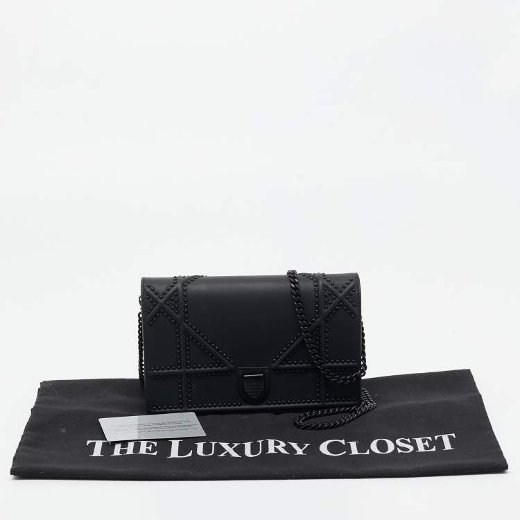 Pre Owned Dior Matte Black Leather Studded Diorama Wallet on Chain