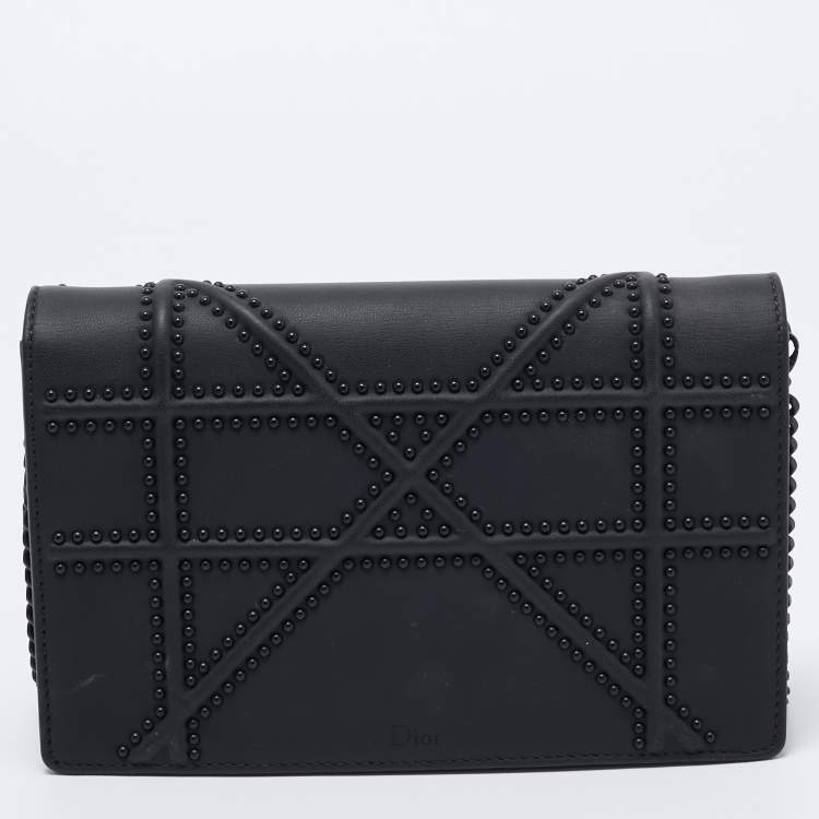 Pre Owned Dior Matte Black Leather Studded Diorama Wallet on Chain