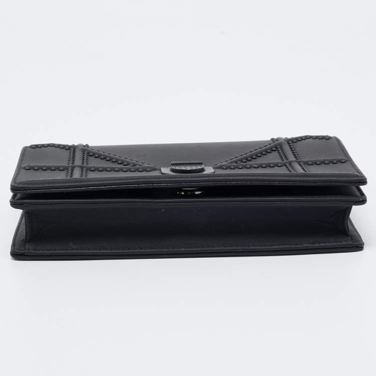 Pre Owned Dior Matte Black Leather Studded Diorama Wallet on Chain
