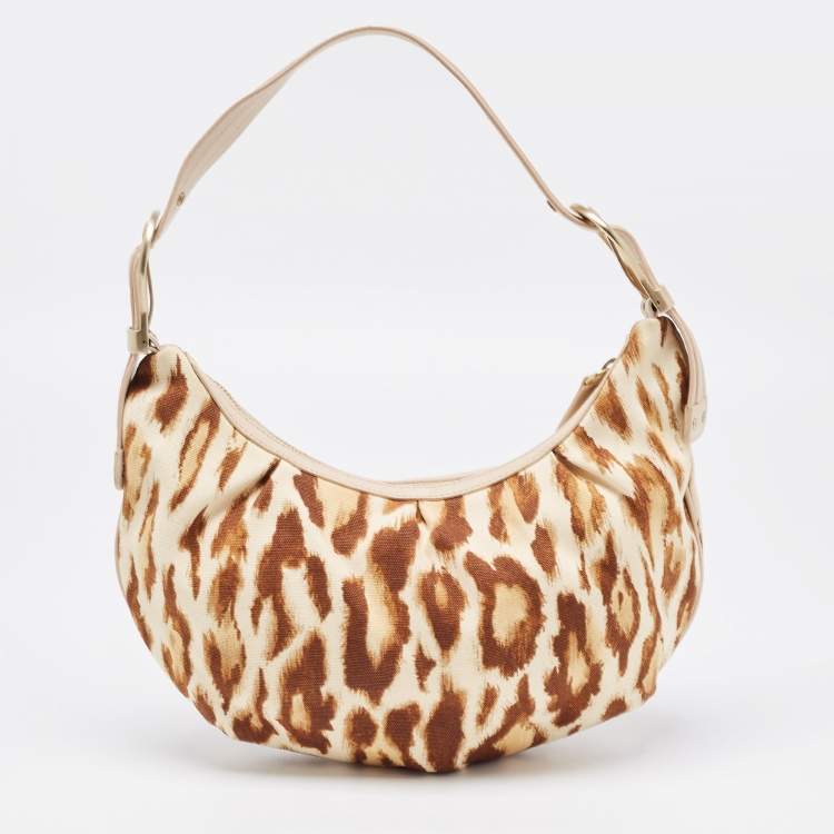 Pre Owned Dior Beige/Brown Leopard Printed Fabric and Leather Buckle Handle Hobo 