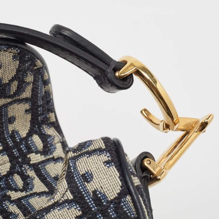 Pre Owned Dior Navy Blue Oblique Canvas and Leather Mini Saddle Bag