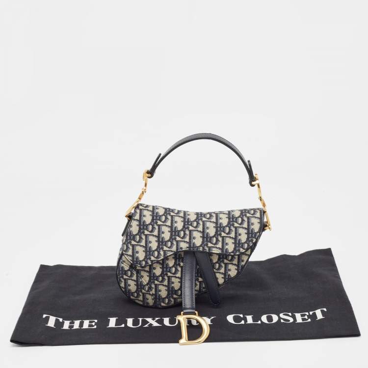 Pre Owned Dior Navy Blue Oblique Canvas and Leather Mini Saddle Bag