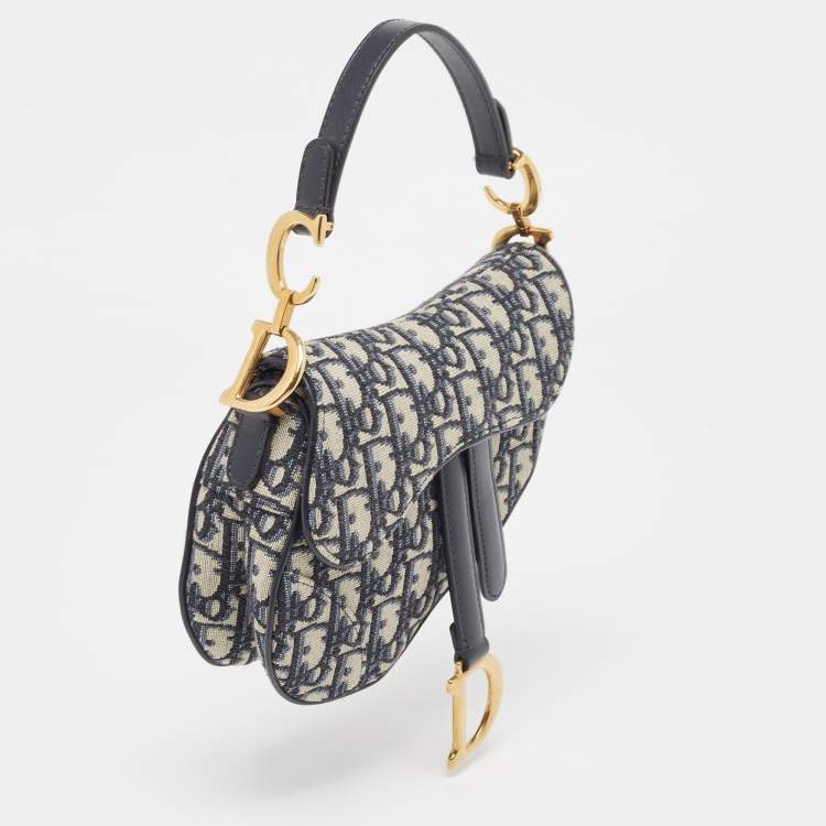 Pre Owned Dior Navy Blue Oblique Canvas and Leather Mini Saddle Bag
