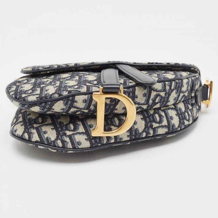 Pre Owned Dior Navy Blue Oblique Canvas and Leather Mini Saddle Bag