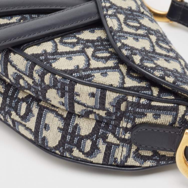 Pre Owned Dior Navy Blue Oblique Canvas and Leather Mini Saddle Bag