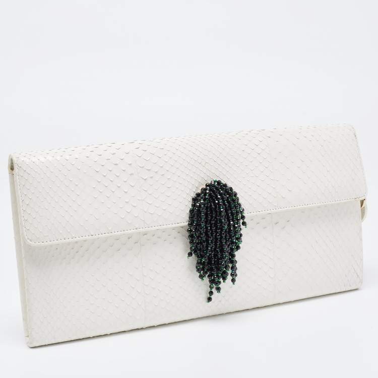 Pre Owned Dior White Snakeskin Leather Beaded Tassel Clutch