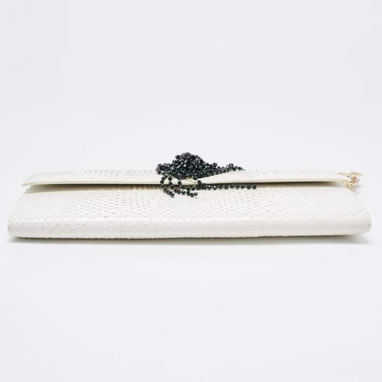 Pre Owned Dior White Snakeskin Leather Beaded Tassel Clutch