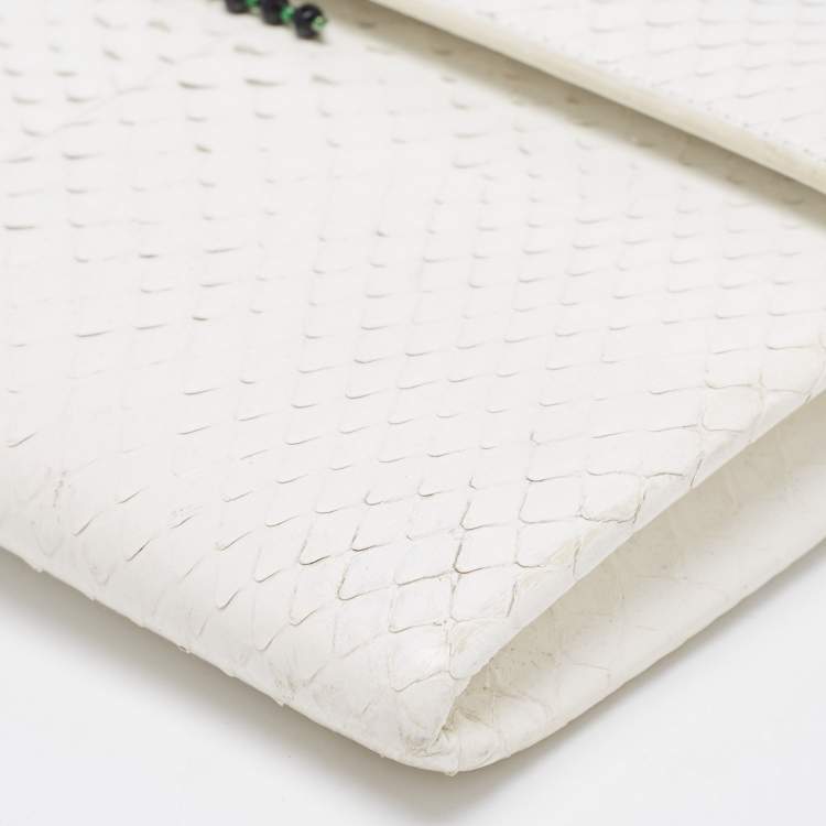 Pre Owned Dior White Snakeskin Leather Beaded Tassel Clutch