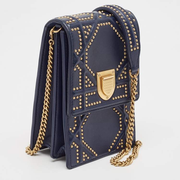 Pre Owned Dior Navy Blue Leather Studded Diorama Vertical Chain Clutch
