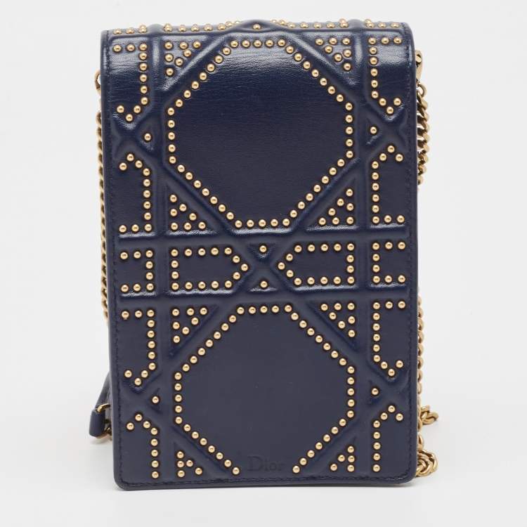 Pre Owned Dior Navy Blue Leather Studded Diorama Vertical Chain Clutch