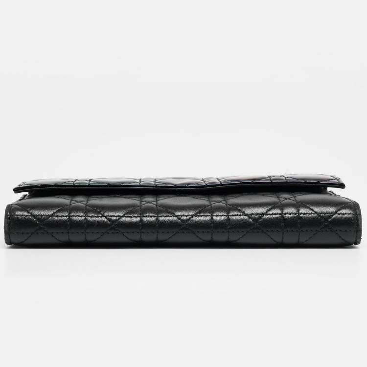 Pre Owned Dior Black Iridescent Cannage Patent and Leather Lady Dior Flap Wallet