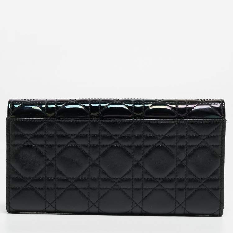 Pre Owned Dior Black Iridescent Cannage Patent and Leather Lady Dior Flap Wallet